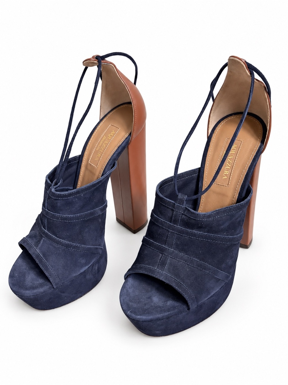 Aquazzura Navy Suede Cognac Leather Platform Sandals EU 37